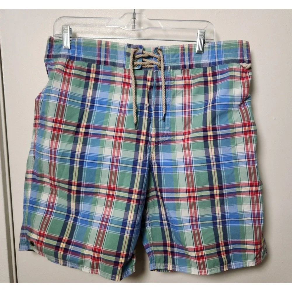 Polo Ralph‎ Lauren Blue Green Plaid Swim Trunks Shorts Mesh Yellow Pony Lrg Vtg